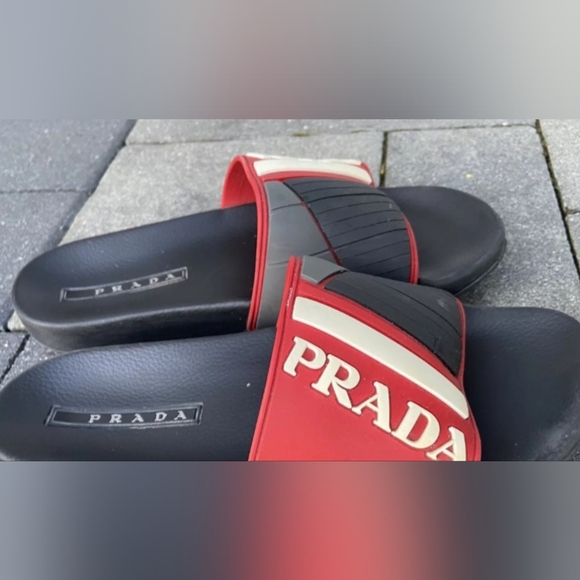 Men Prada Rubber Logo Slides Size 9 Red - Picture 2 of 5